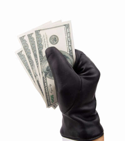 stealing thief with black gloves dollars with white backgroundの写真素材