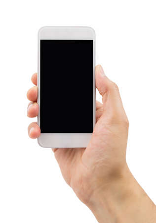 hand holding a modern smartphone with white backgroundの写真素材