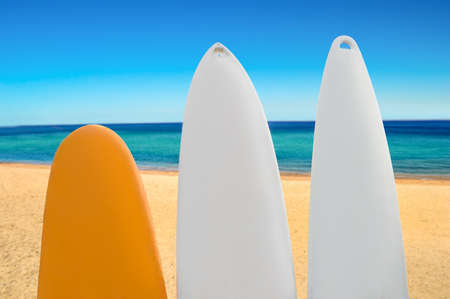 close up of a three surfboards with sea backgroundの写真素材