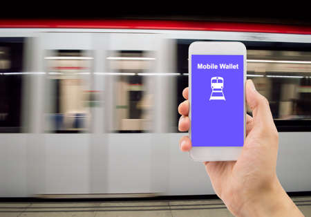 man hand holding the phone touch with a mobile wallet .All screen content is designed by us and not copyrighted by others and created with digitizing tablet and image editorの写真素材