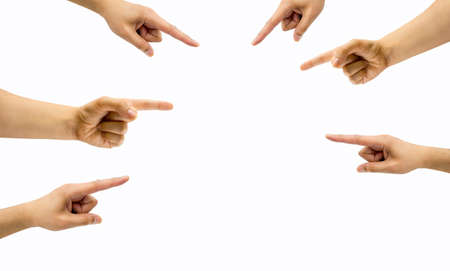 group of hands indicating to the center of image on white backgroundの写真素材