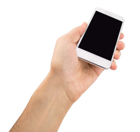 man hand is holding a white modern smartphone on white backgroundの写真素材
