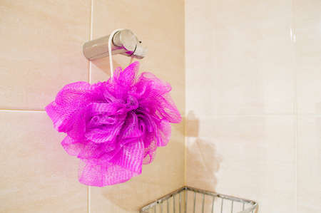 Soft bath puff or sponge hanging on bathroom background with copy space.の写真素材
