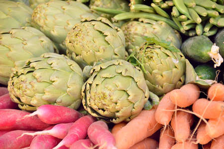 group of many vegetable with carrots, french beans, artichokes, radishes, turnips, courgettes and cucumbers at orchard marketの写真素材