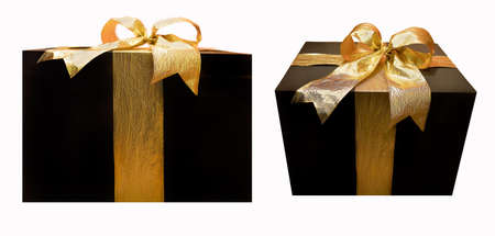 two gifts at different angles with gold ribbonの写真素材