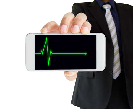 businessman showing the smartphone with a chart like symbol of success business in white backgroundの写真素材