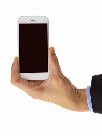 businessman hand holding up a smartphone with a white background