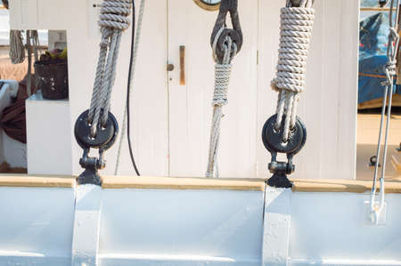 detail of ship ropes holding the kers at the handwerkの写真素材