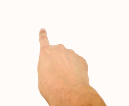 Close-up of man hand pointing over white backgroundの写真素材
