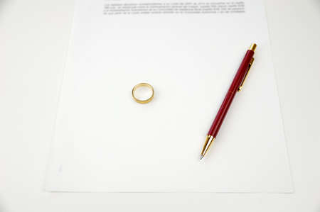 Petition for divorce paper prepared to be signed with pen and ringの写真素材