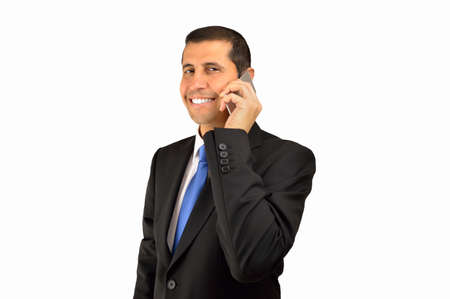 Cropped shot of a businessman talking by cellphone and standing isolated on white backgroundの写真素材