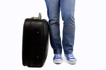 Man with an old suitcase in crisis concept with white backgroundの写真素材