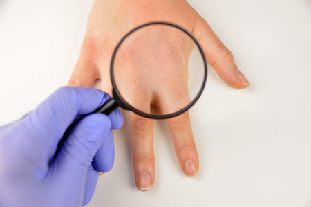 Closeup image of doctor checking with magnifying glasses the hand with very dry skin and deep cracks .の写真素材