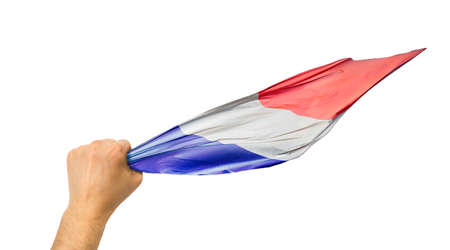 French fan holding the flag of France isolate with white backgroundの写真素材