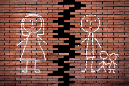 Family of stick figures on broken brick wall in divorce concept.The children with their father