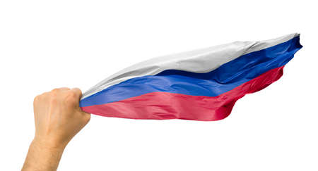 russian fan holding the flag of russia isolate with white backgroundの写真素材