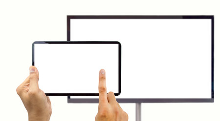 closeup of a digital tablet connected to a tv in networking with copy space