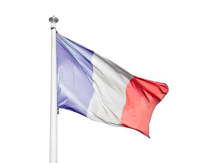 Shot of the french flag blowing in the wind with white backgroundの写真素材