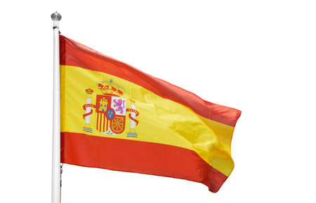 Shot of the Spanish flag blowing in the wind with white background