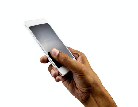 Hand holding mobile smart phone with blank screen, isolated on white