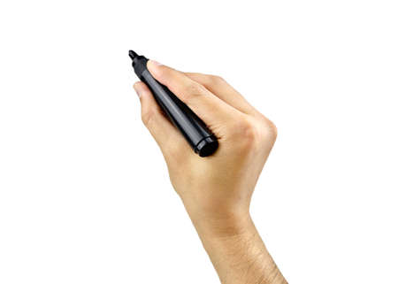 Male hand is ready for drawing with black marker. Isolated on white.の写真素材