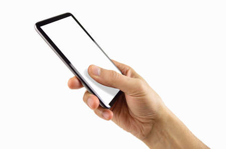 man hand is holding a white modern smart phone against a white backgroundの写真素材