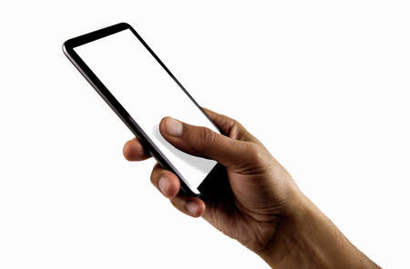 Hand holding mobile smart phone with blank screen, isolated on whiteの写真素材