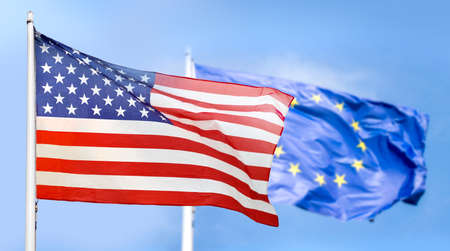 Flag USA and Europe isolated on sky backgroundの写真素材