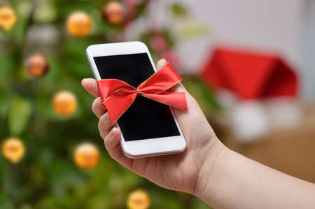 Hand showing a smart phone with a Christmas tree background at homeの写真素材