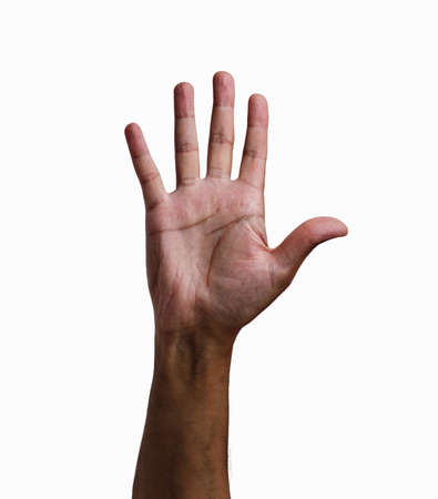Close-up of man hand showing five fingers with white backgroundの写真素材