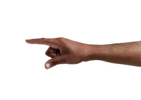 African man hand pointing the finger tossing a coin isolated on whiteの写真素材