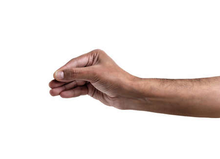 African man hand hanging something blank isolated on a white backgroundの写真素材