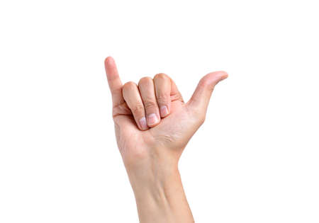 man hand in shaka or calling gesture on a white isolated background
の写真素材