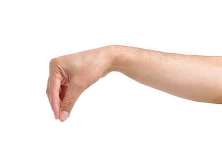Man hand pulling something isolated on whiteの写真素材