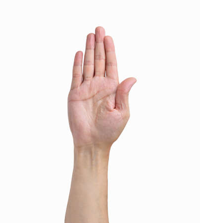 Man palm hand in front isolated on whiteの写真素材