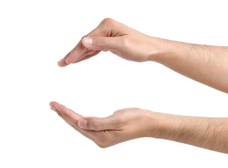 Man hands with a protection gesture isolated on a white backgroundの写真素材