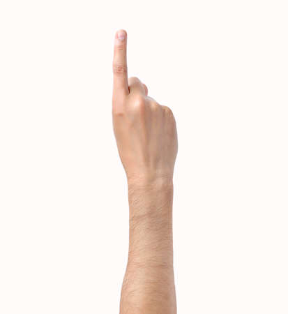 man hand showing forefinger up isolated on whiteの写真素材