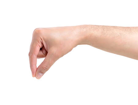 man hand hanging somethin isolated on whiteの写真素材