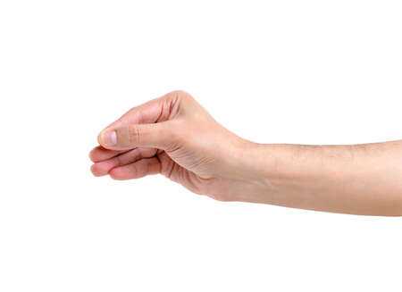 Man hand hanging something blank isolated on a white backgroundの写真素材