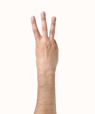 Man hand showing three fingers on a white isolated backgroundの写真素材