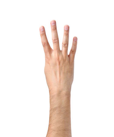 Close-up of man hand showing four fingers with white backgroundの写真素材