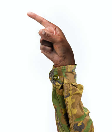 Man hand pointing at side with forefinger isolated on a white backgroundの写真素材