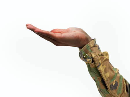 Man hand with palm up in a white isolated backgroundの写真素材