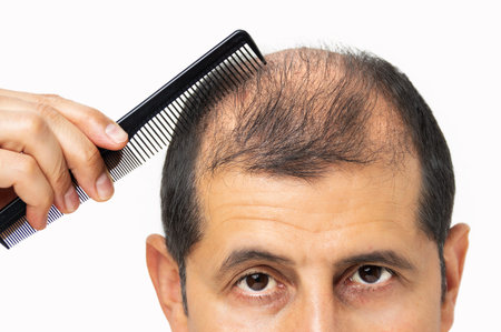 Human alopecia or hair loss - adult man hand holding comb on bald head