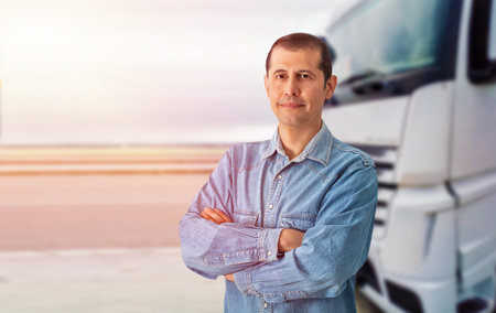 Portrait of caucasian trucker with arms crossed standing by his truck vehicle.の写真素材