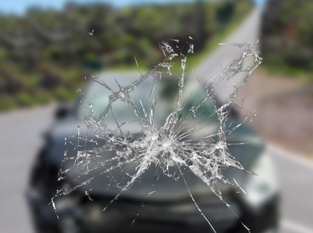 broken windshield with black car in background and  selective focus