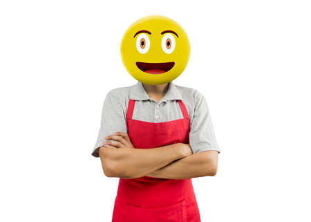 Emoji head shopman standing with his arms folded and smiling at the camera isolated white background.Emoji concept.の写真素材