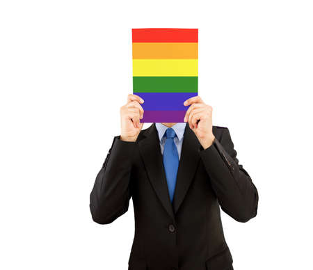 Businessman holding a gay placard in front of his face and isolated cutout on white backgroundの写真素材