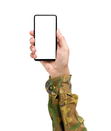 Man hand presenting a smart phone screen application isolated on a white backgroundの写真素材