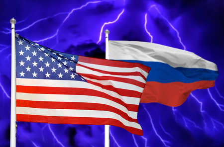 Tense relations between Russia and the United States. Concept of conflictの写真素材